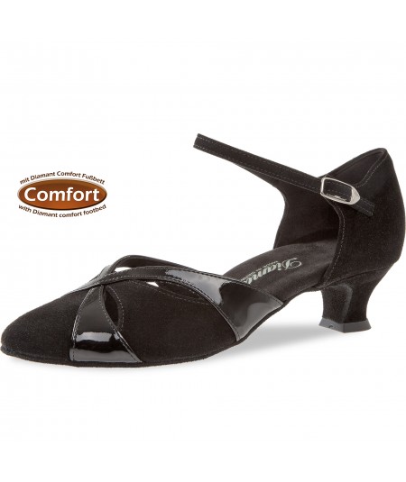Mod. 142 Damen Tanzschuhe Weite G für kräftige Füße mit Comfort-Fußbett Spanish Absatz 4,2 cm schwarz Velourleder / schwarz Lack