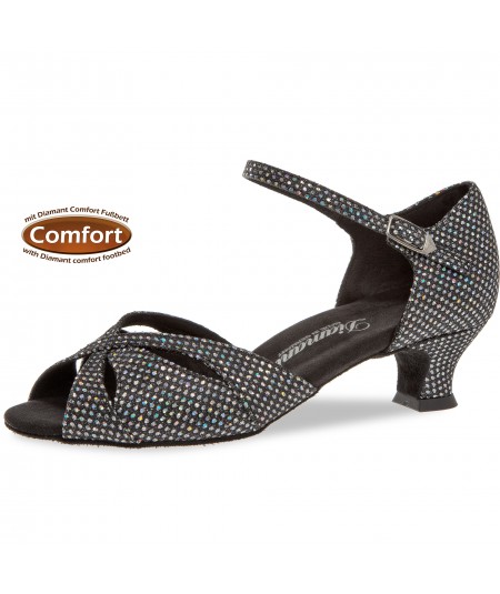 Mod. 144 Damen Tanzschuhe Weite F Normalweite mit Comfort-Fußbett Spanish Absatz 4,2 cm schwarz-silber Hologramm