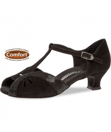 Mod. 019 Damen Tanzschuhe Weite F Normalweite mit Comfort-Fußbett Spanish Absatz 4,2 cm schwarz Velour / schwarz Python print