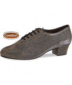Mod. 093 Damen Tanzschuhe Weite F Normalweite mit Comfort-Fußbett Cuban Absatz 3,7 cm schwarz-silber Brokat Goldschimmer