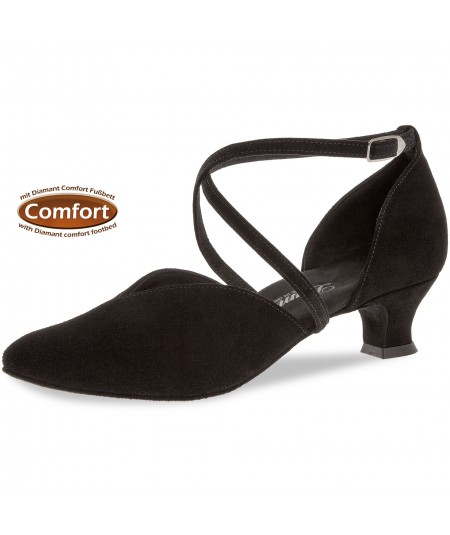 Mod. 107 Damen Tanzschuhe Weite E½ Normalweite mit Comfort-Fußbett Spanish Absatz 4,2 cm schwarz Velourleder