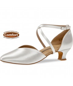 Mod. 107 Damen Tanzschuhe Weite E½ Normalweite mit Comfort-Fußbett Spanish Absatz 4,2 cm weiß Satin